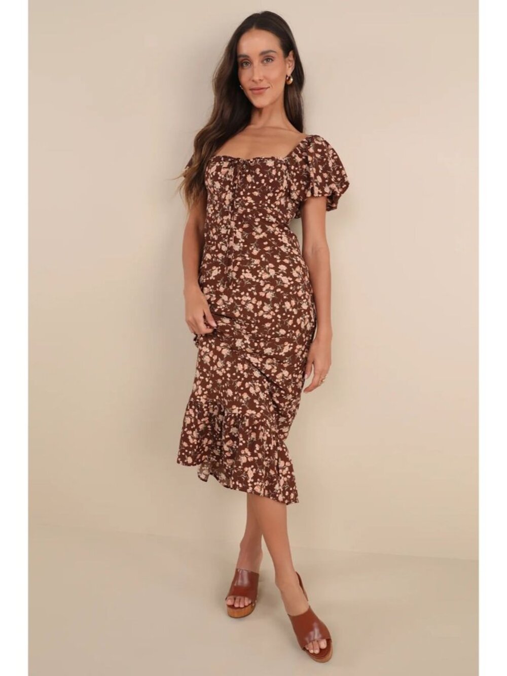 Lulus NWT Remarkably Flourishing Brown Floral Puff Sleeve Midi Dress size XS